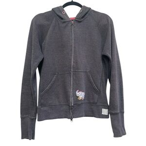 Vintage Charcoal Women's Hoodie with Elephant Patch and Contrasting Pink Hood